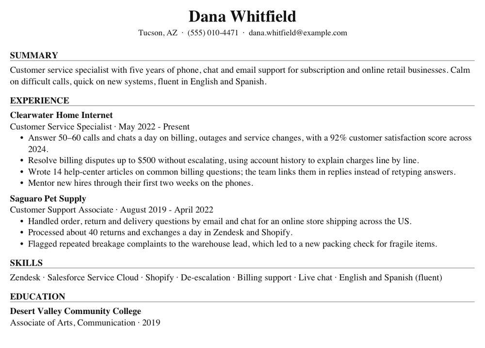Dana Whitfield's resume before tailoring, page one