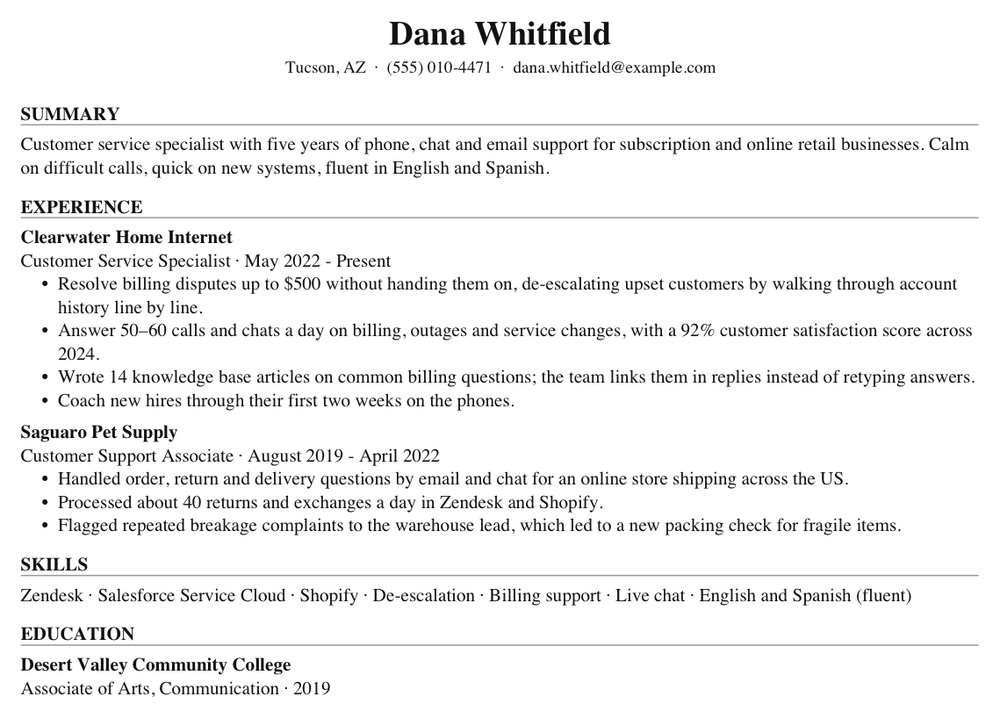 Dana Whitfield's resume after tailoring to the Member Support Representative posting, page one