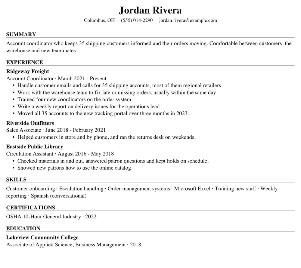 Jordan Rivera's resume before tailoring, page one