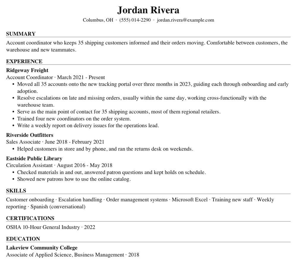 Jordan Rivera's resume after tailoring to the Customer Success Manager posting, page one
