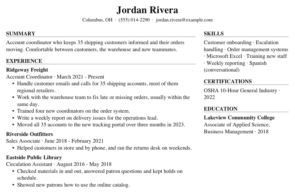 A fictional example resume in the Two column template