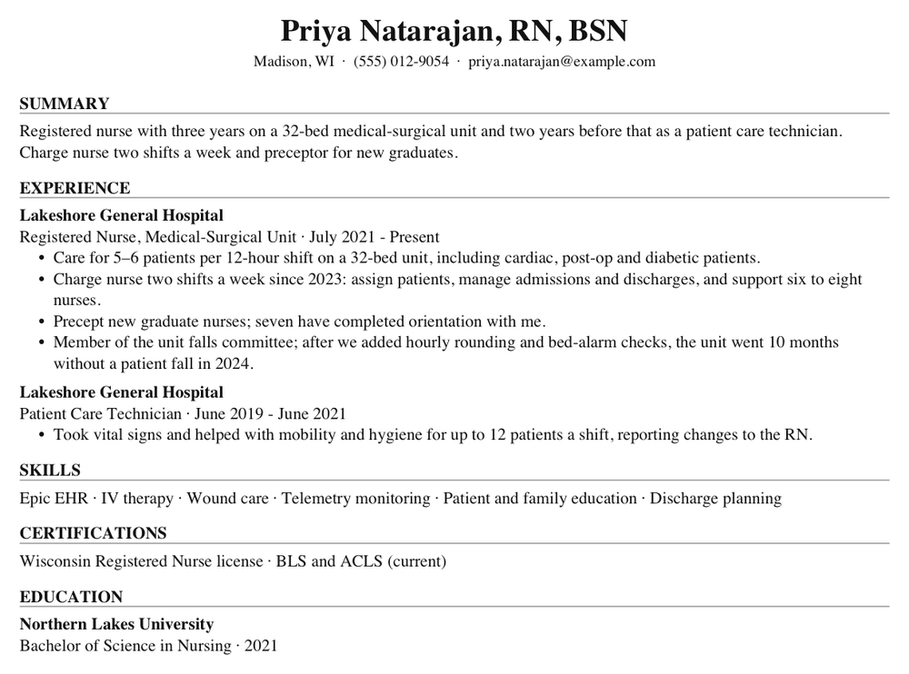Priya Natarajan's resume after tailoring to the Registered Nurse, Cardiac Step-Down posting, page one